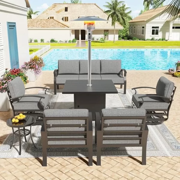 Aluminum Patio Furniture Set 7 Pieces 7 Seat Metal Outdoor Furniture Conversation Set w/Patio Square Table Heater &Swivels - Image 2