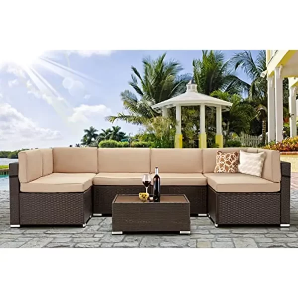 Outdoor Patio Furniture Set 7 Piece PE Rattan Wicker Sofa Sectional Set with Cushions & Tea Table Brown Khaki Poolside Deck