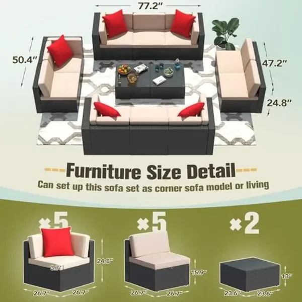 Outdoor 12-Piece PE Rattan Sectional Sofa Set with Thick Cushions and Glass Coffee Table Beige Patio Furniture L-Shape 60% - Image 2