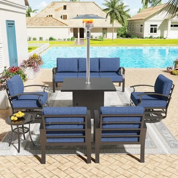 Aluminum Patio Furniture Set 7 Pieces 7 Seat Metal Outdoor Furniture Conversation Set w/Patio Square Table Heater &Swivels - Image 3