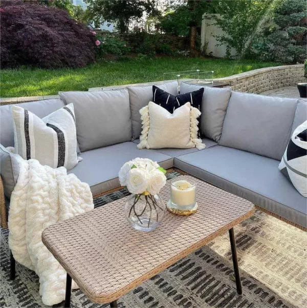 4-Pieces Patio Furniture Set Outdoor Wicker Conversation Sectional L-Shaped Sofa with 5 Seater for Backyard Porch Detachable - Image 5