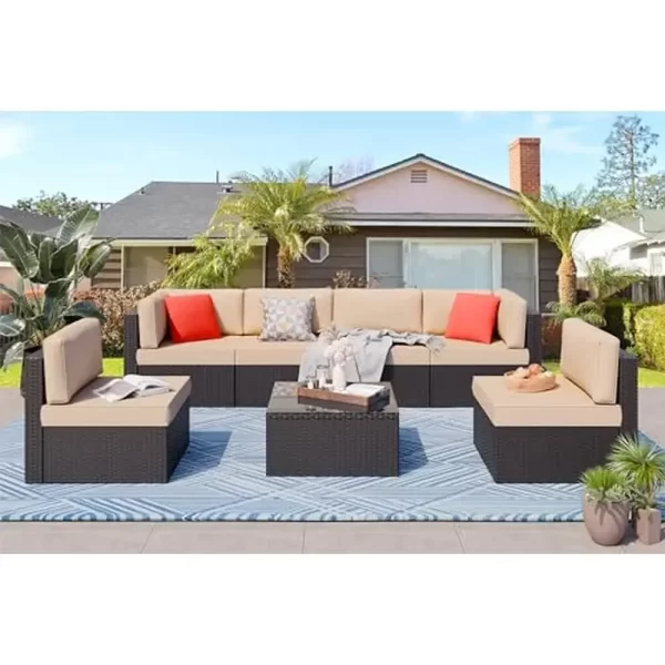 Outdoor Sectional Patio Furniture Set Modern Wicker Sofa Conversation Set with Cushions & Coffee Table Sturdy Steel Frame Ideal