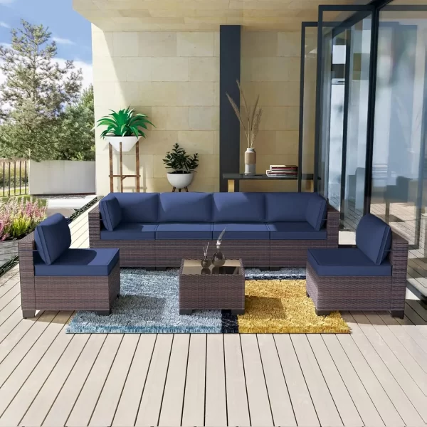 7 Pieces Outdoor Patio Furniture Set Rattan Sofa Manual Wicker Patio Set with Cushions Glass Tea Table and Cushions Covers - Image 10