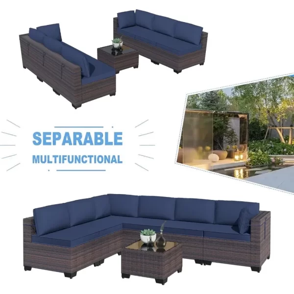 7 Pieces Outdoor Patio Furniture Set Rattan Sofa Manual Wicker Patio Set with Cushions Glass Tea Table and Cushions Covers - Image 3