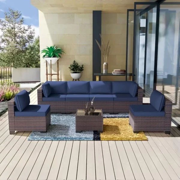 7 Pieces Outdoor Patio Furniture Set Rattan Sofa Manual Wicker Patio Set with Cushions Glass Tea Table and Cushions Covers