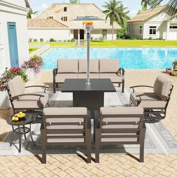 Aluminum Patio Furniture Set 7 Pieces 7 Seat Metal Outdoor Furniture Conversation Set w/Patio Square Table Heater &Swivels - Image 4