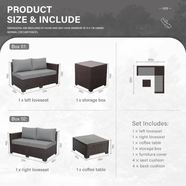 Valita Patio Furniture Set 4 Pieces Outdoor Brown Rattan Sectional Conversation Sofa Chair, Storage Box, Coffee Table - Image 6