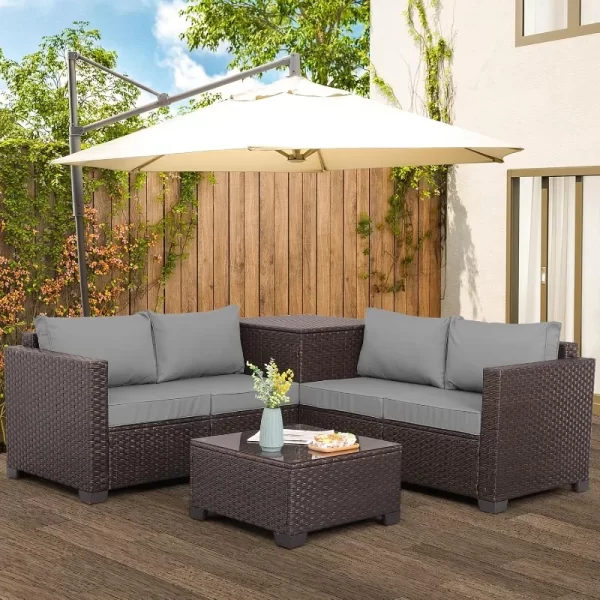 Valita Patio Furniture Set 4 Pieces Outdoor Brown Rattan Sectional Conversation Sofa Chair, Storage Box, Coffee Table