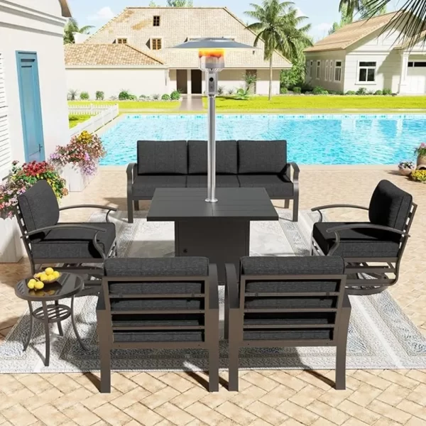 Aluminum Patio Furniture Set 7 Pieces 7 Seat Metal Outdoor Furniture Conversation Set w/Patio Square Table Heater &Swivels