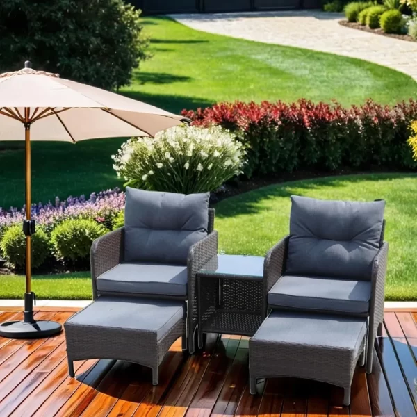 5 Piece Grey Patio Conversation Set, Patio Lounge Chairs Set of 2, Rattan Chairs with Cushions and Ottoman, Patio Furniture - Image 5