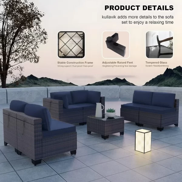 7 Pieces Outdoor Patio Furniture Set Rattan Sofa Manual Wicker Patio Set with Cushions Glass Tea Table and Cushions Covers - Image 2