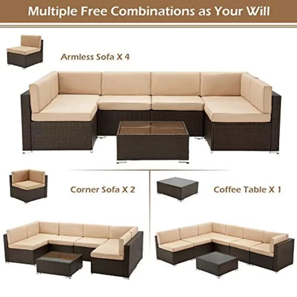 Outdoor Patio Furniture Set 7 Piece PE Rattan Wicker Sofa Sectional Set with Cushions & Tea Table Brown Khaki Poolside Deck - Image 3