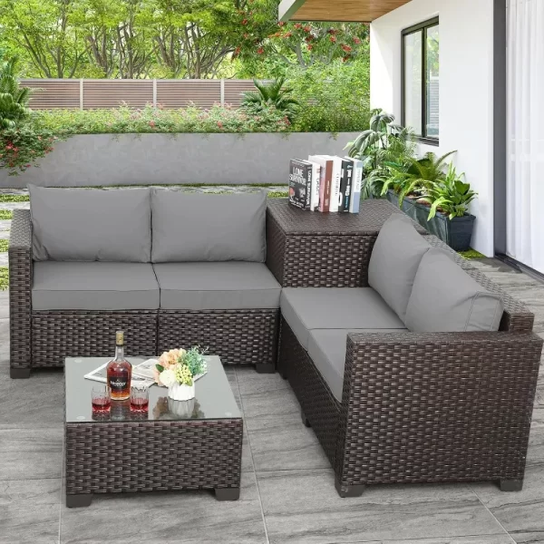 Valita Patio Furniture Set 4 Pieces Outdoor Brown Rattan Sectional Conversation Sofa Chair, Storage Box, Coffee Table - Image 2