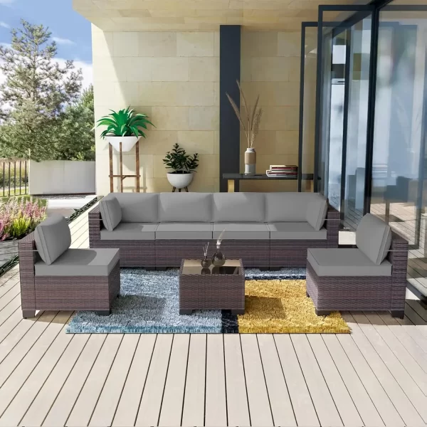 7 Pieces Outdoor Patio Furniture Set Rattan Sofa Manual Wicker Patio Set with Cushions Glass Tea Table and Cushions Covers - Image 9