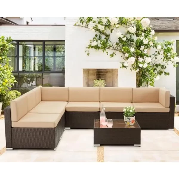 Outdoor Patio Furniture Set 7 Piece PE Rattan Wicker Sofa Sectional Set with Cushions & Tea Table Brown Khaki Poolside Deck - Image 2