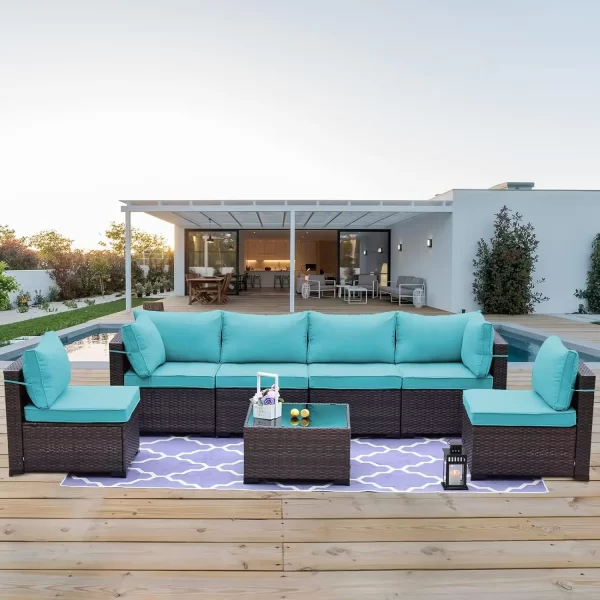 7 Pieces Outdoor Patio Furniture Set Rattan Sofa Manual Wicker Patio Set with Cushions Glass Tea Table and Cushions Covers - Image 7